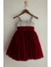 Beaded Gray Satin Burgundy Tulle Stunning Flower Girl Dress